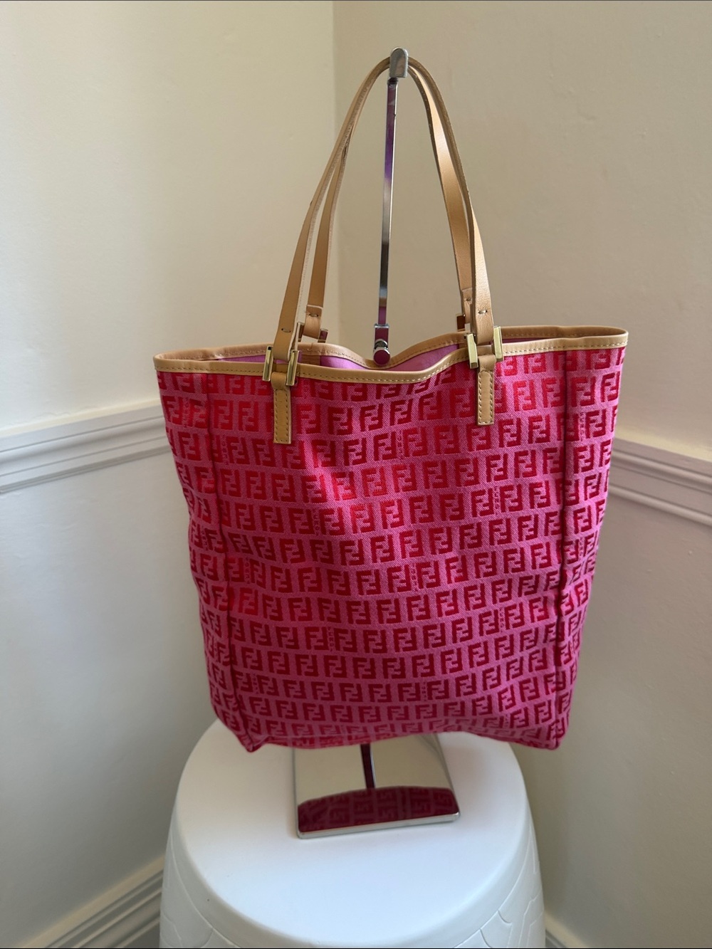 Fendi Pink Zucca Monogram Tote with Tan Leather Straps